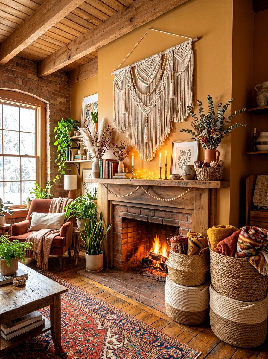 Bohemian Winter Mantel - 30 winter mantel decor ideas