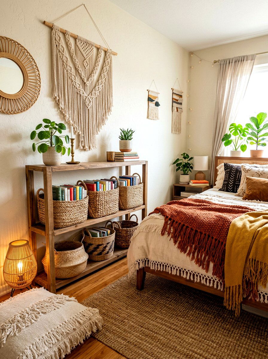 Bohemian Woven Book Basket - 30 book trove bedroom ideas