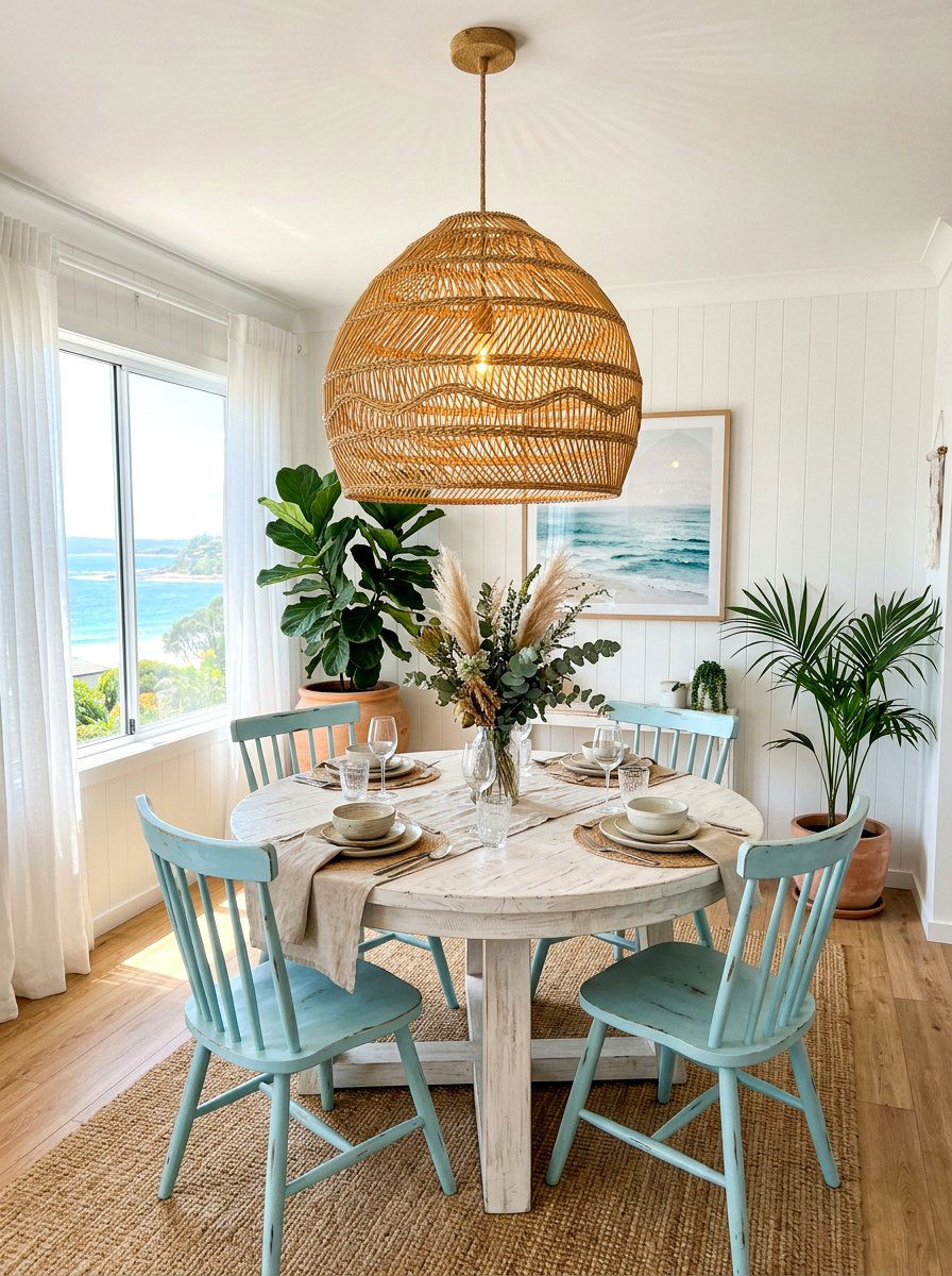 Bohemian Woven Rattan Dining Room - 30 sculptural lighting dining room ideas