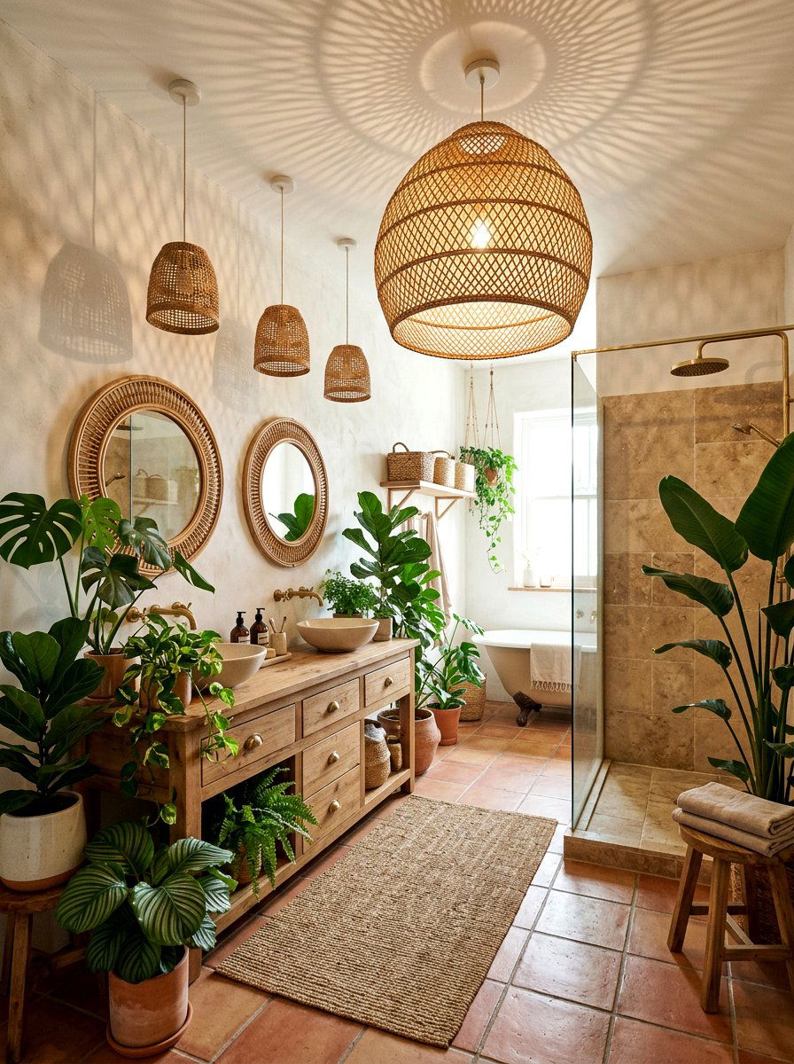 Bohemian Woven Rattan Pendants - 30 bathroom lighting ideas
