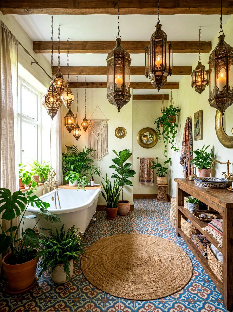 Bohemian bathroom with candle lanterns - 30 candlelit bathroom ideas