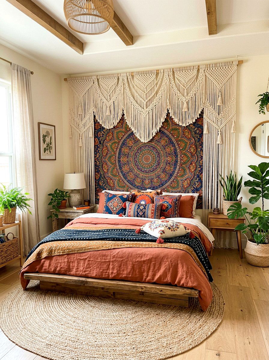 Bohemian bedroom with large wall tapestry - 30 phone free bedroom ideas for adults