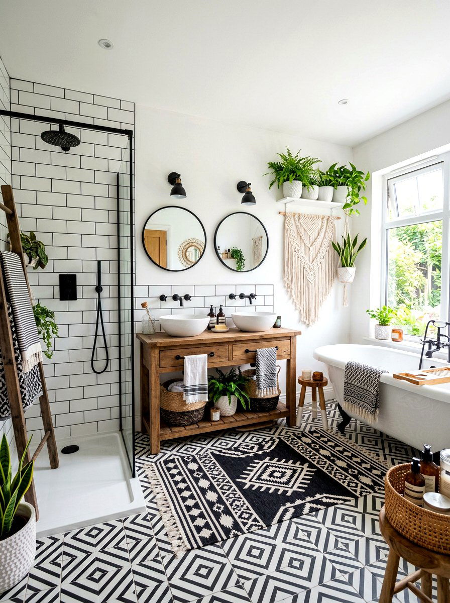 Bohemian black and white bathroom - 30 black and white bathroom ideas
