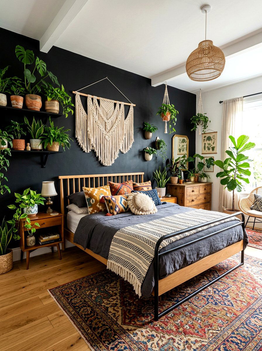 Bohemian black bedroom theme - 30 black bedroom ideas