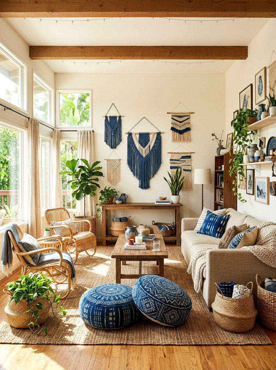 Bohemian blue and beige living room - 30 blue and beige living room ideas