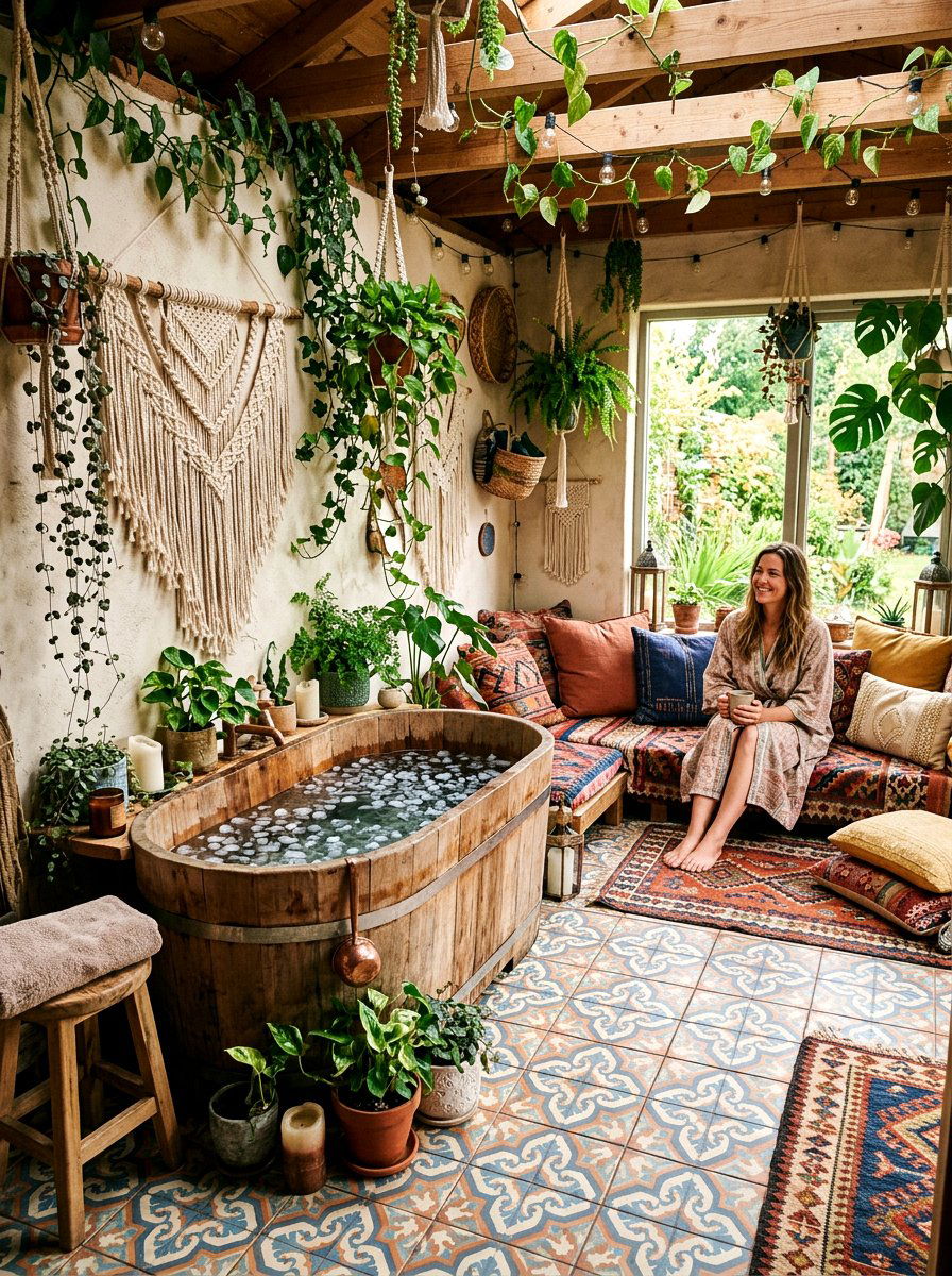 Bohemian cold plunge sanctuary - 30 cold plunge room ideas