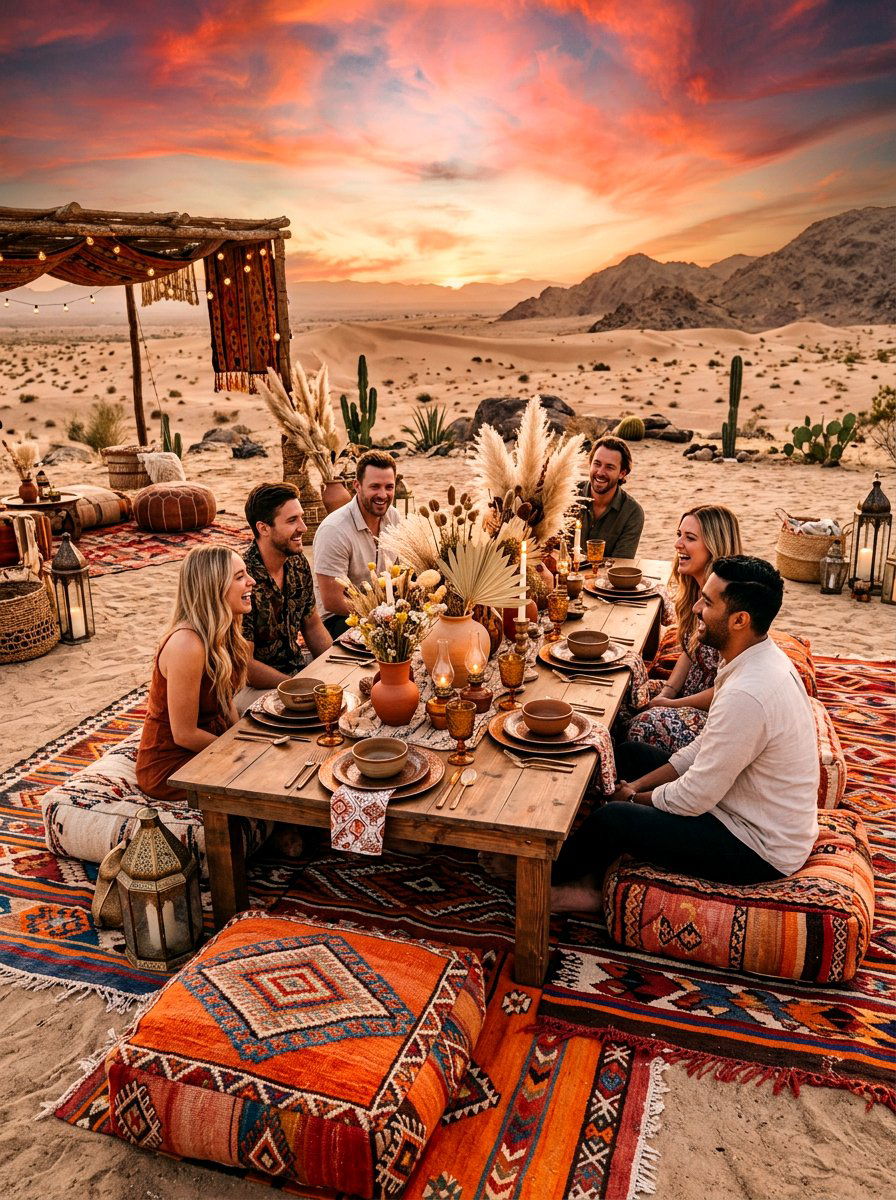 Bohemian desert dining layout - 30 sunset dinner table ideas