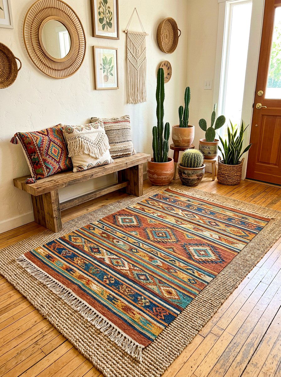 Bohemian entry rug - 30 summer foyer decor ideas