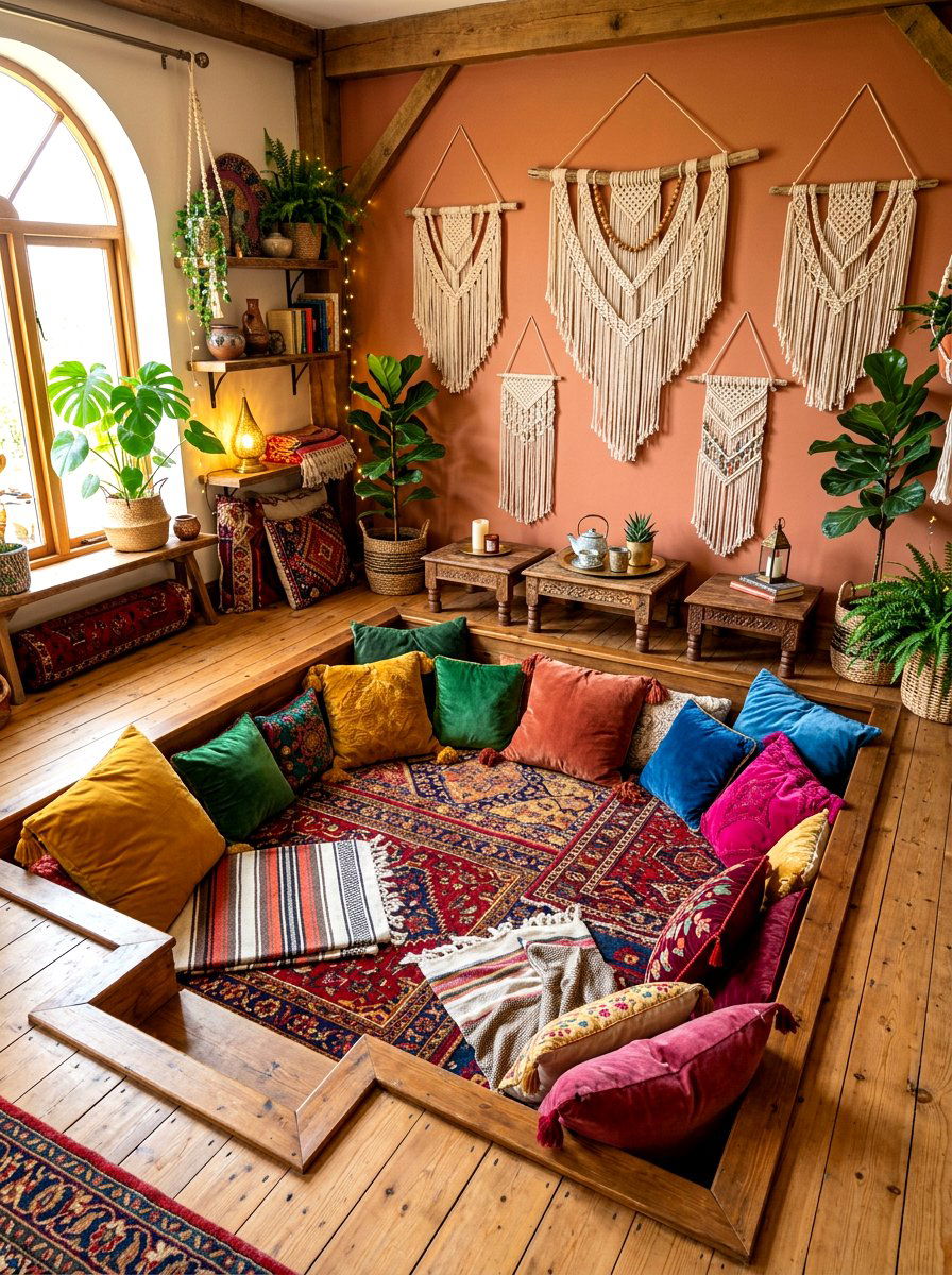 Bohemian floor cushion pit - 30 sunken conversation pit ideas
