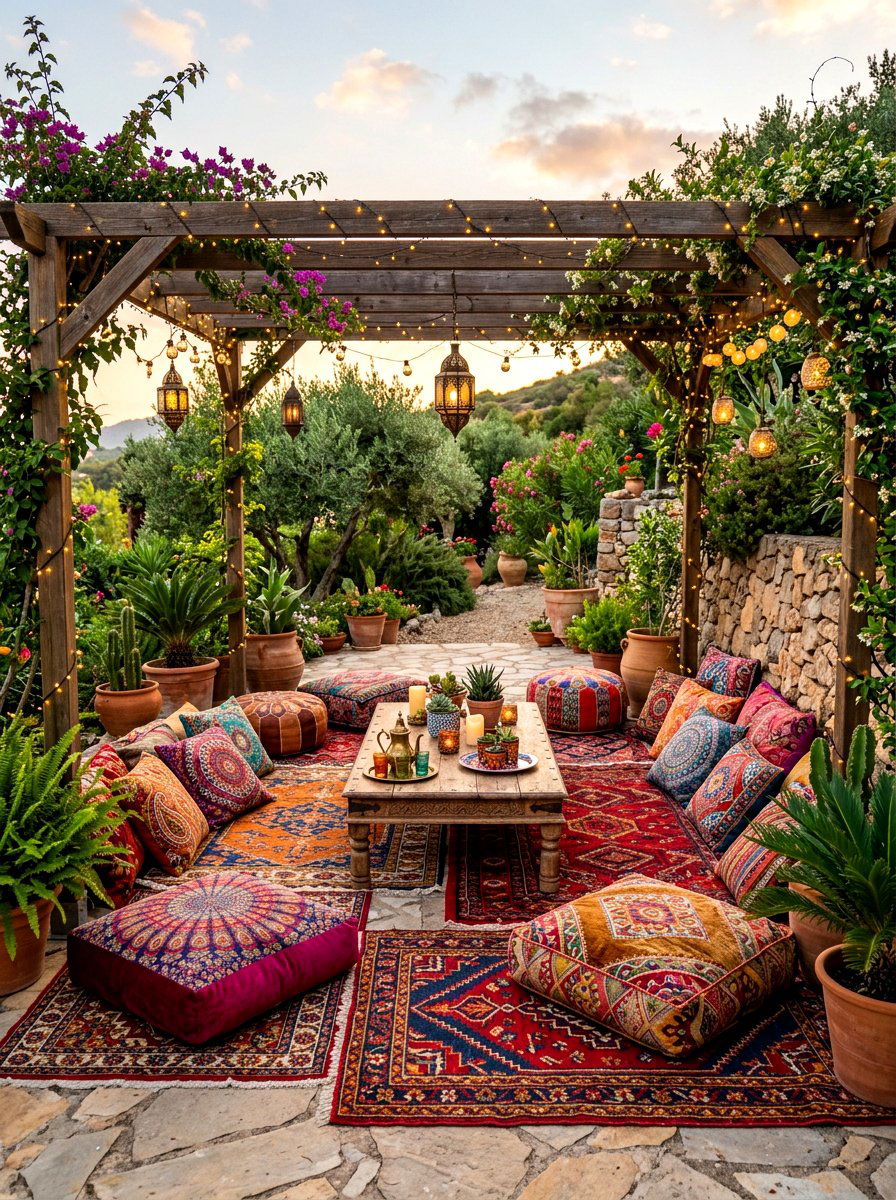 Bohemian floor cushion seating - 30 starlit patio hosting ideas