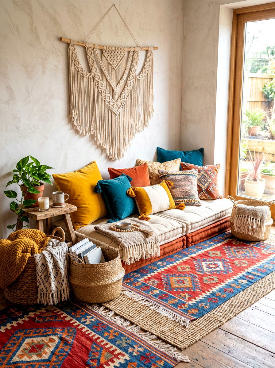 Bohemian floor cushion seating - 30 sunrise meditation space ideas