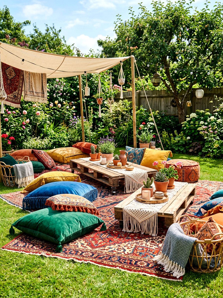 Bohemian floor seating - 30 bridal shower garden party ideas
