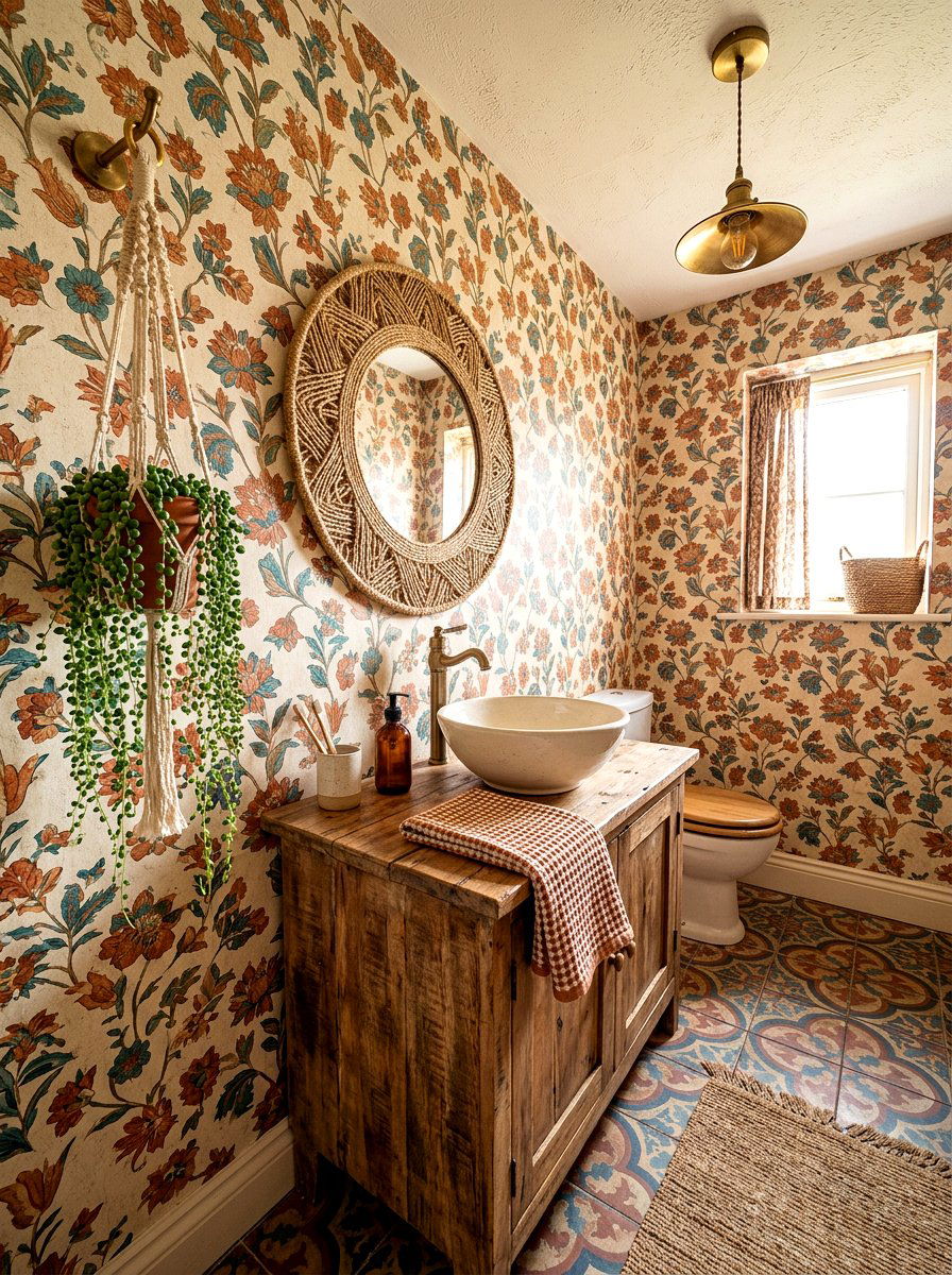 Bohemian floral wallpaper - 30 floral wallpaper powder room ideas