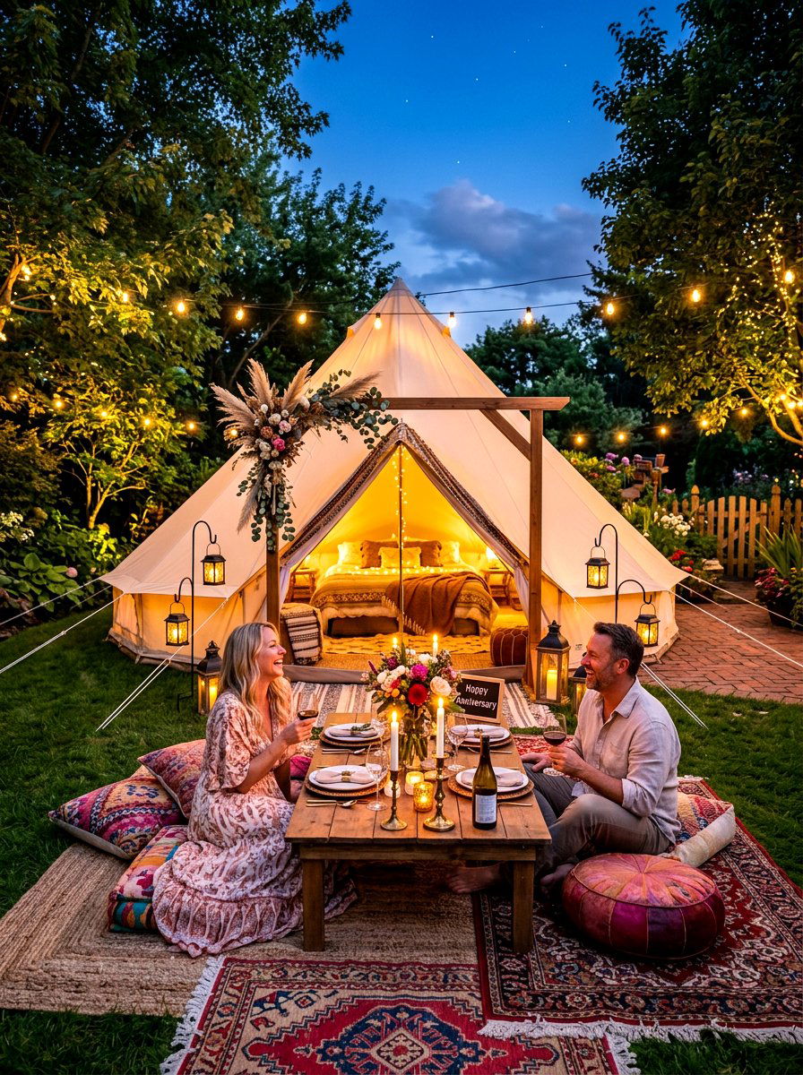 Bohemian glamping tent decor - 30 anniversary dinner at home ideas