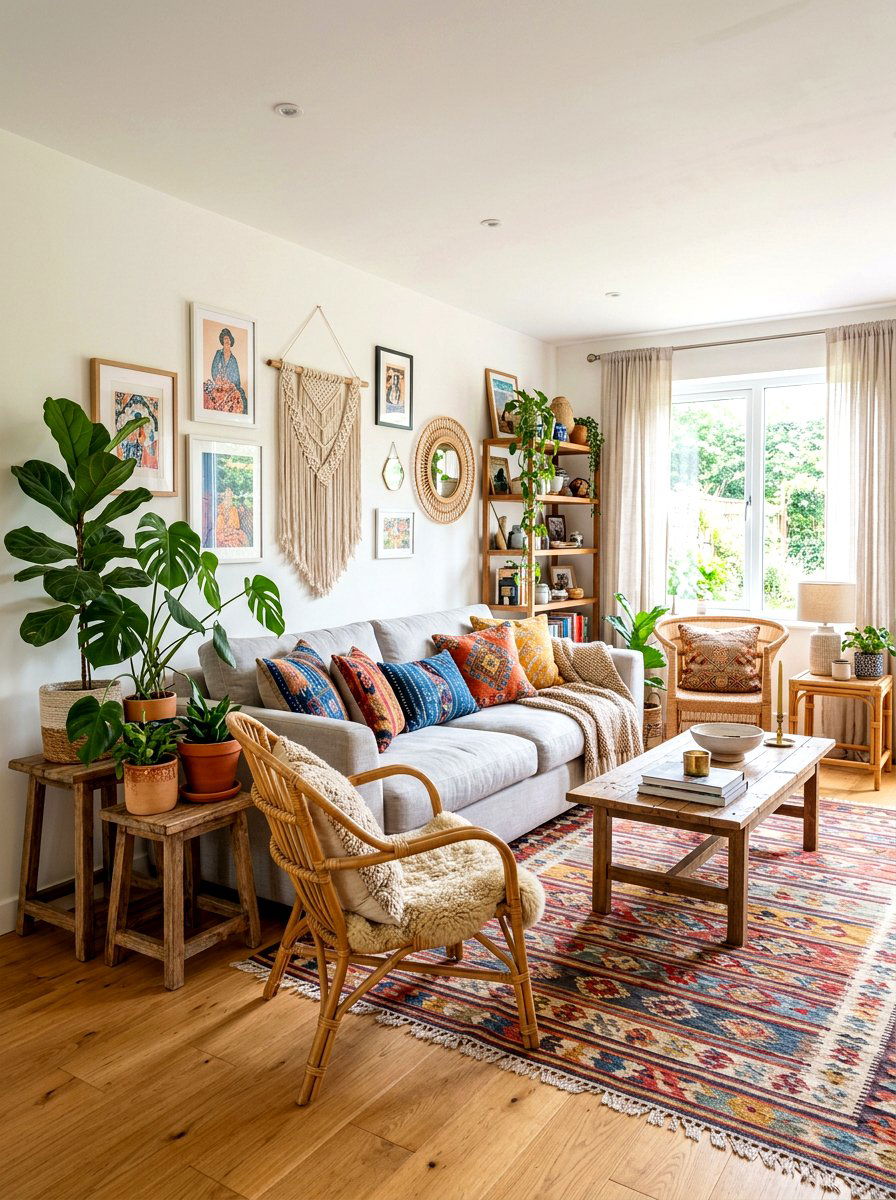 Bohemian gray and wood living space - 30 warm gray and wood living room ideas