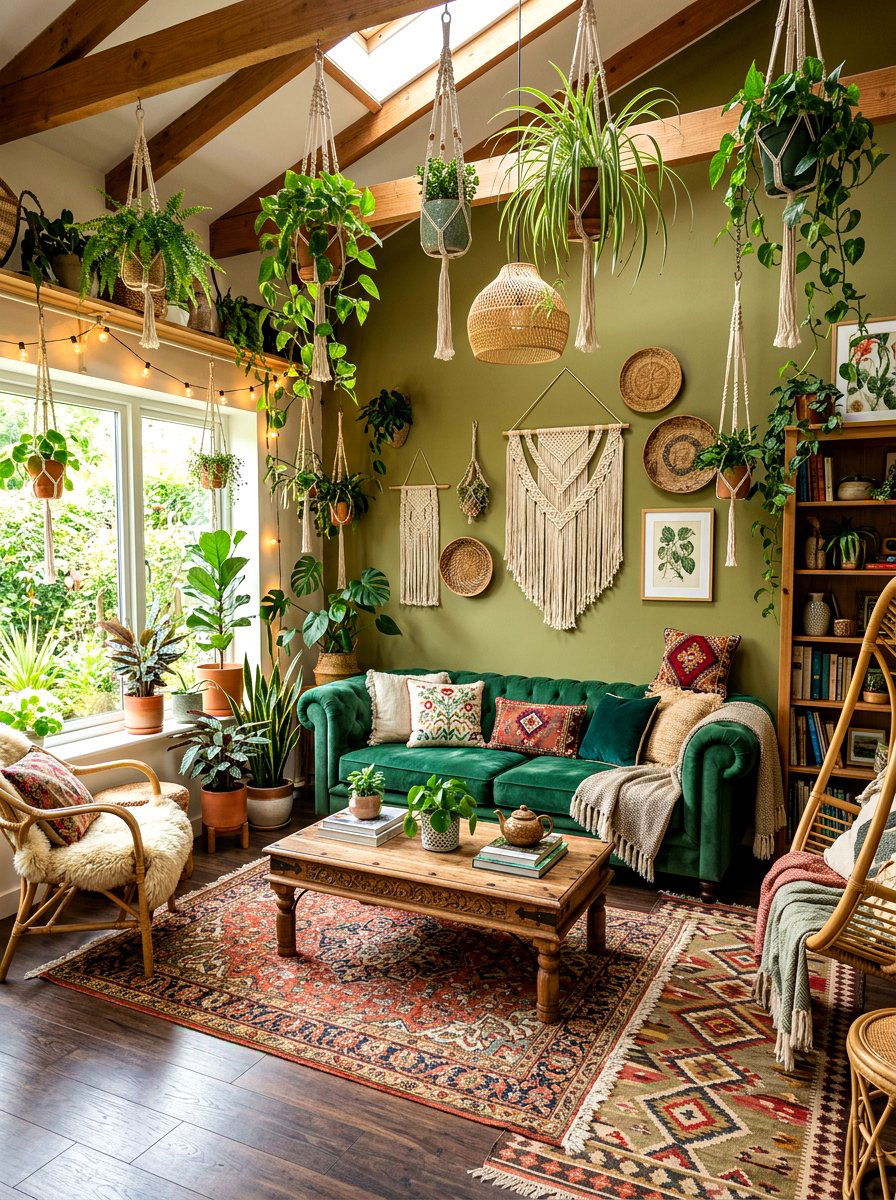 Bohemian green living room with plants - 30 emerald green living room ideas