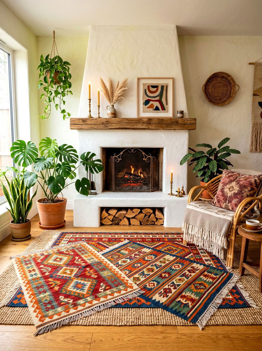 Bohemian hearth floor mats - 30 hearth seating ideas