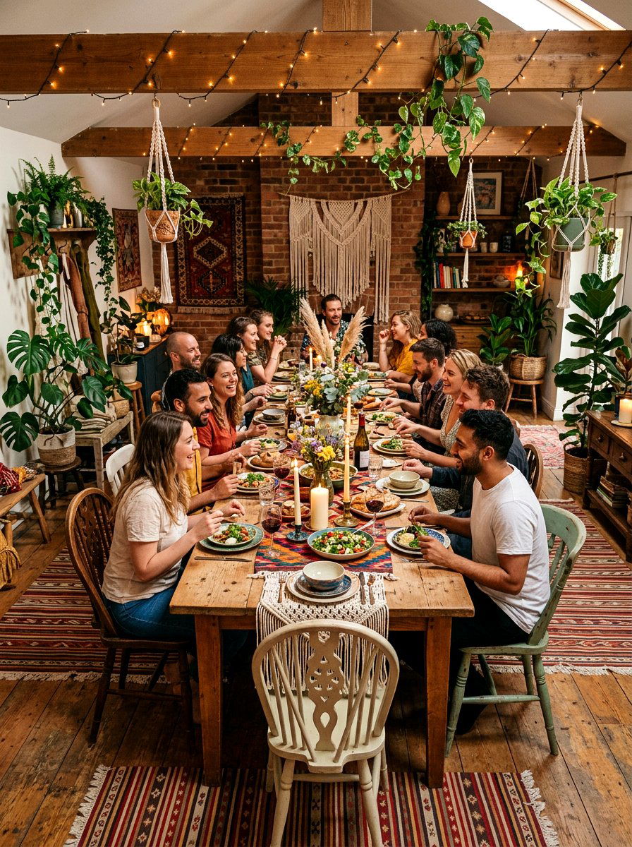 Bohemian indoor dinner party - 30 romantic dinner party ideas at home
