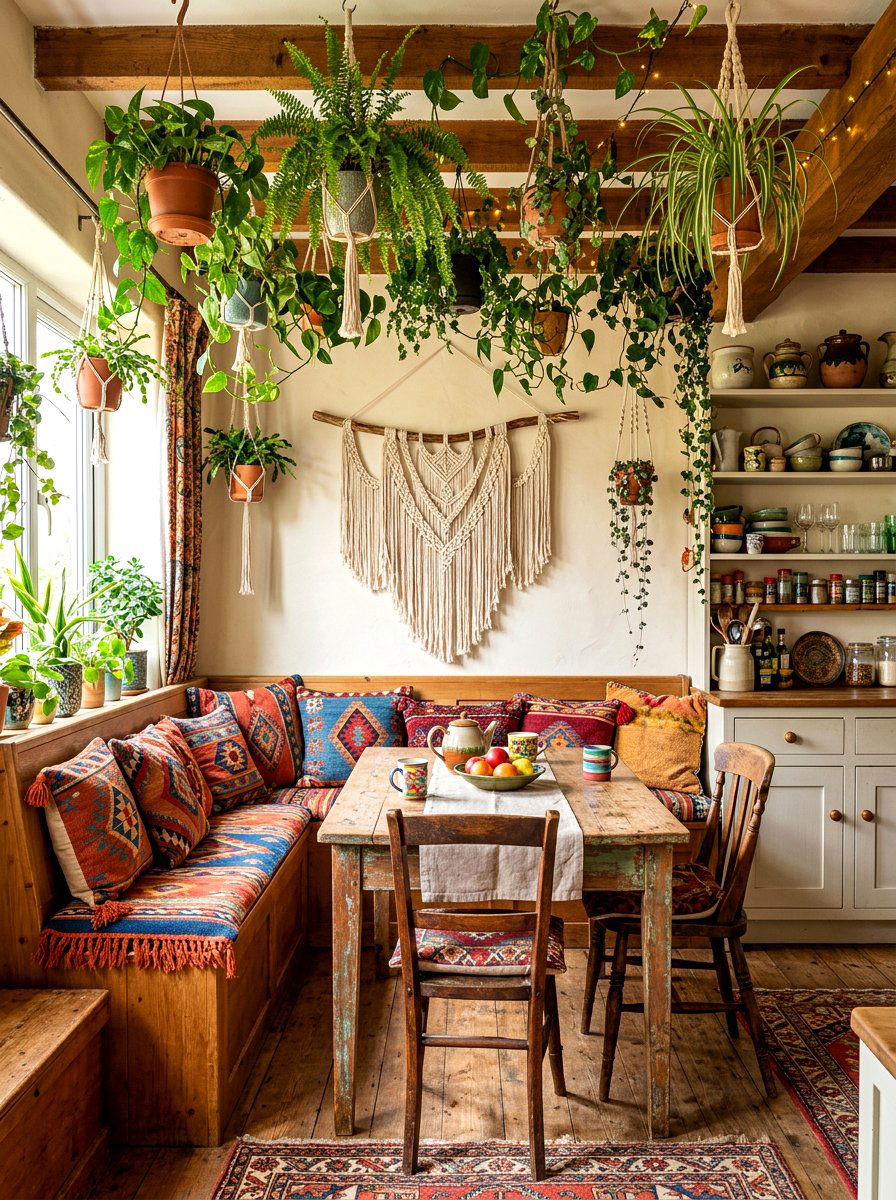 Bohemian kitchen bench - 30 breakfast room bench ideas