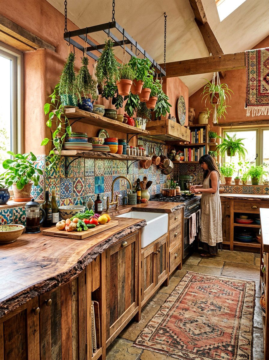 Bohemian kitchen with live edge wood - 30 butcher block countertop ideas