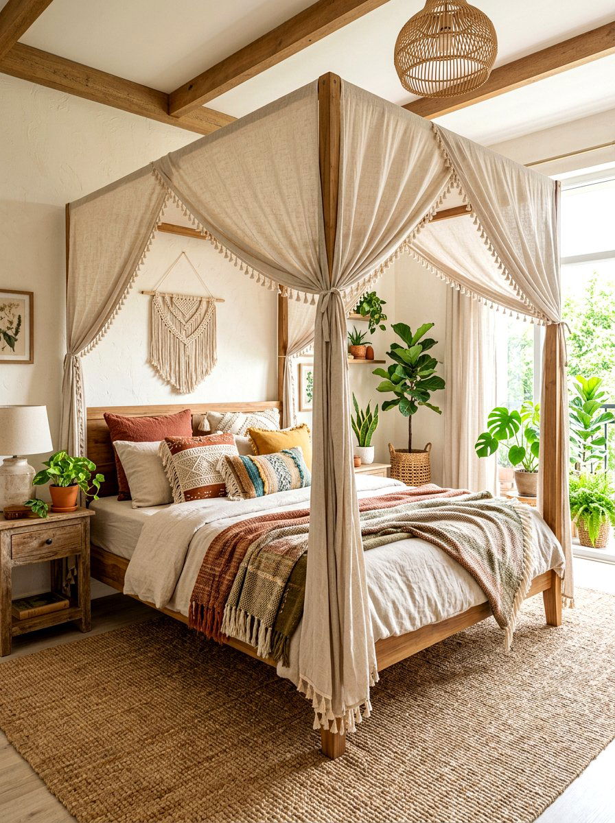 Bohemian linen canopy bed - 30 draped canopy bed ideas