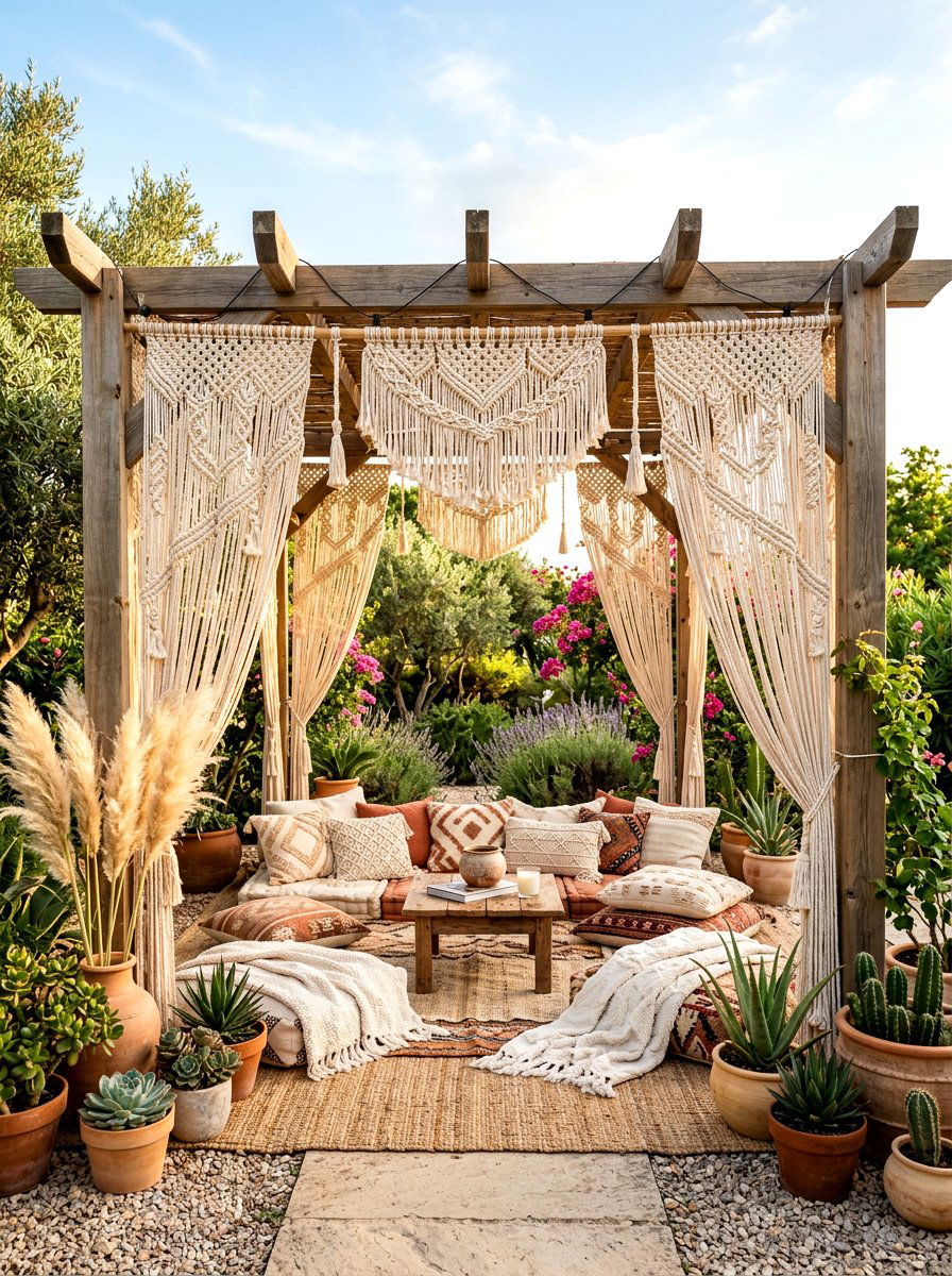 Bohemian macrame curtains - 30 pergola curtain ideas