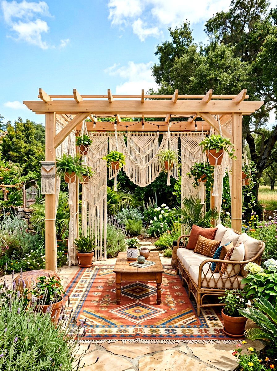 Bohemian macrame pergola space - 30 pergola privacy curtain ideas
