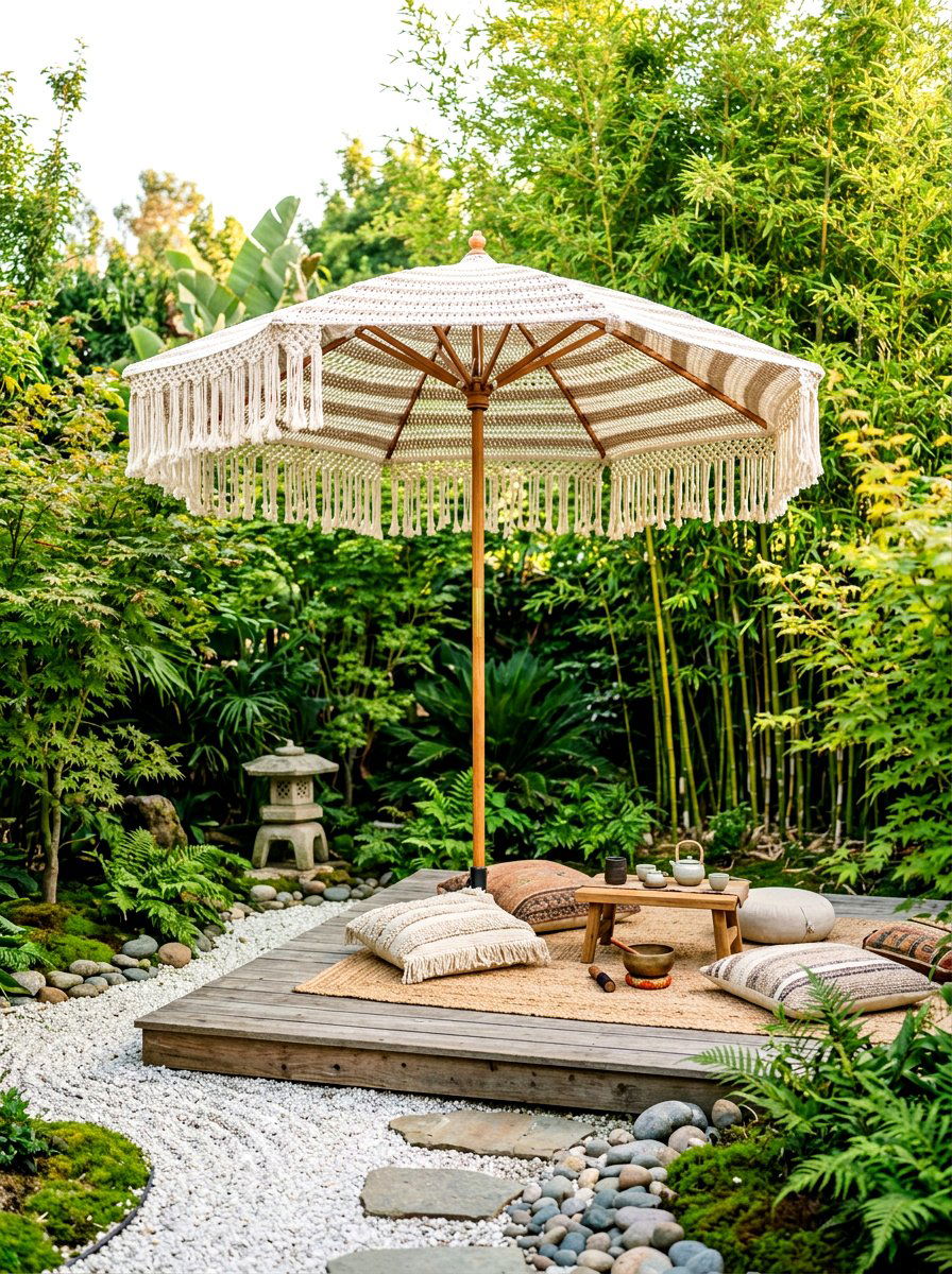 Bohemian macrame striped umbrella - 30 striped patio umbrella ideas