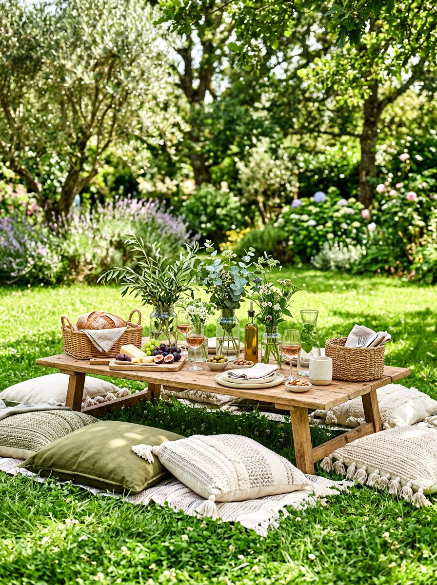 Bohemian olive picnic table - 30 olive tablescape ideas