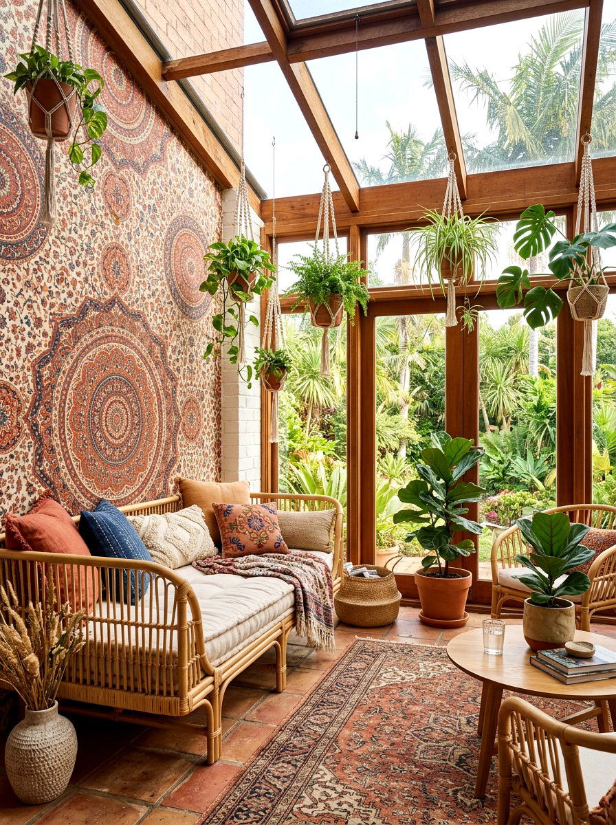 Bohemian pattern wallpaper sunroom - 30 wallpaper accent wall ideas