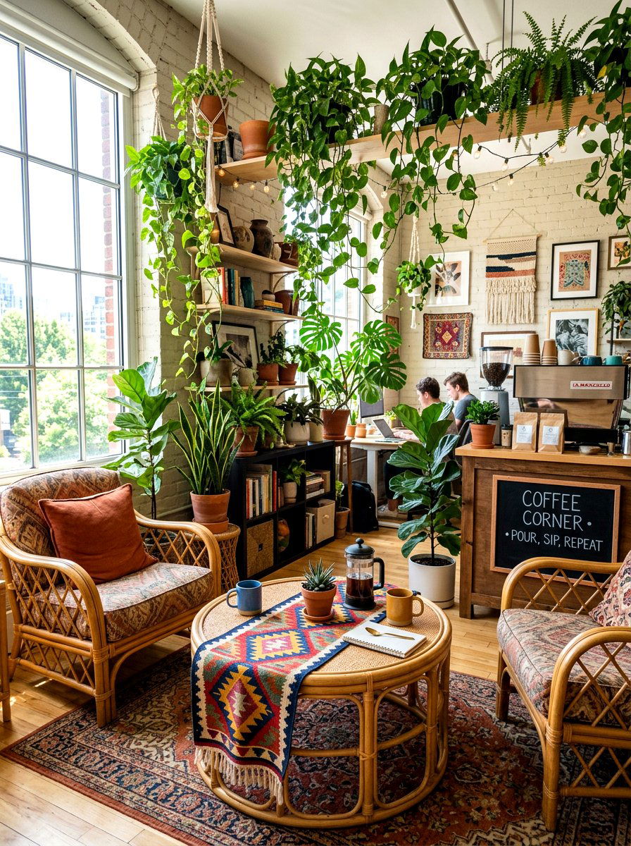 Bohemian plants office coffee area - 30 office coffee corner ideas