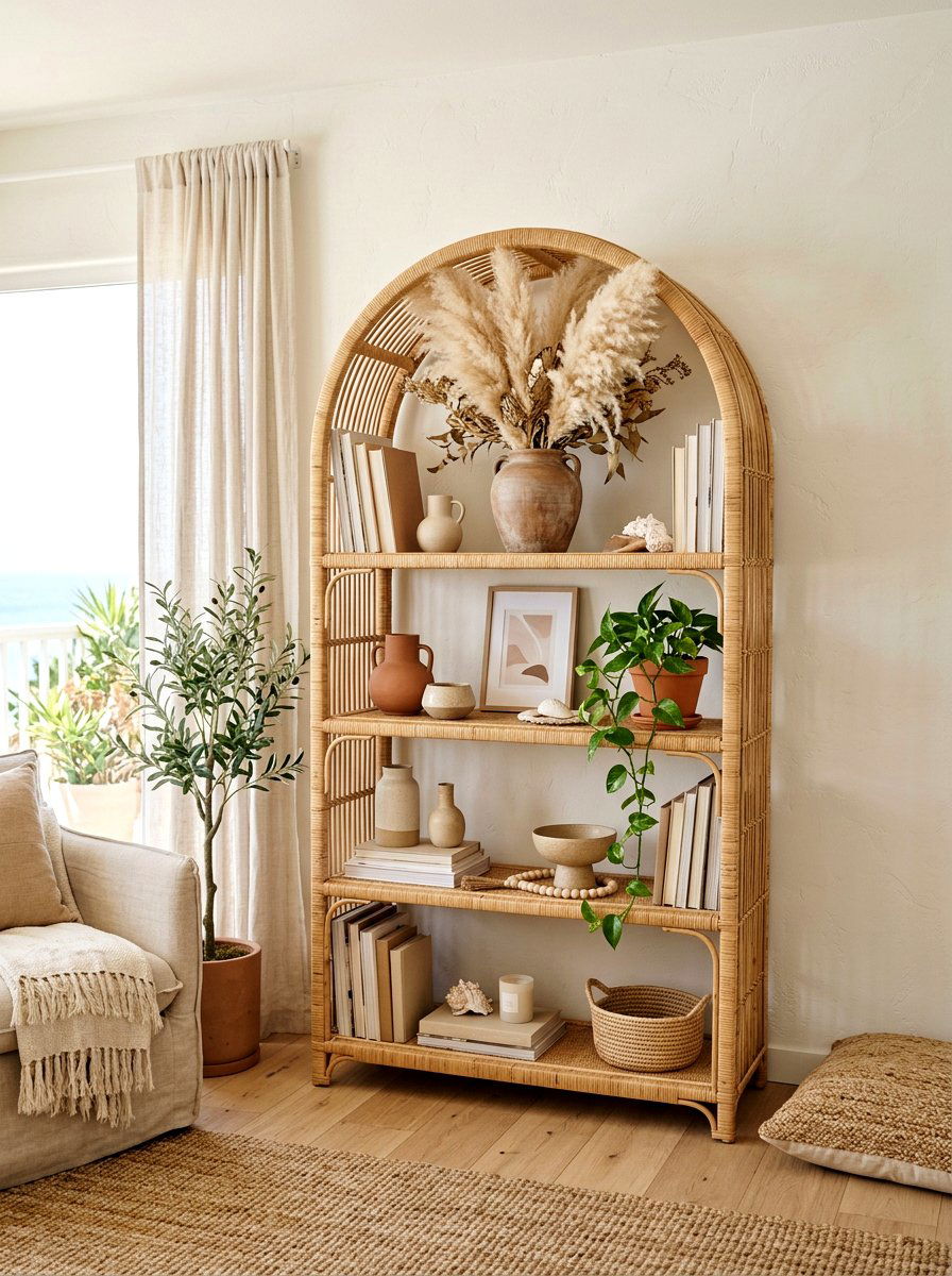 Bohemian rattan bookshelf - 30 bookshelf styling living room ideas