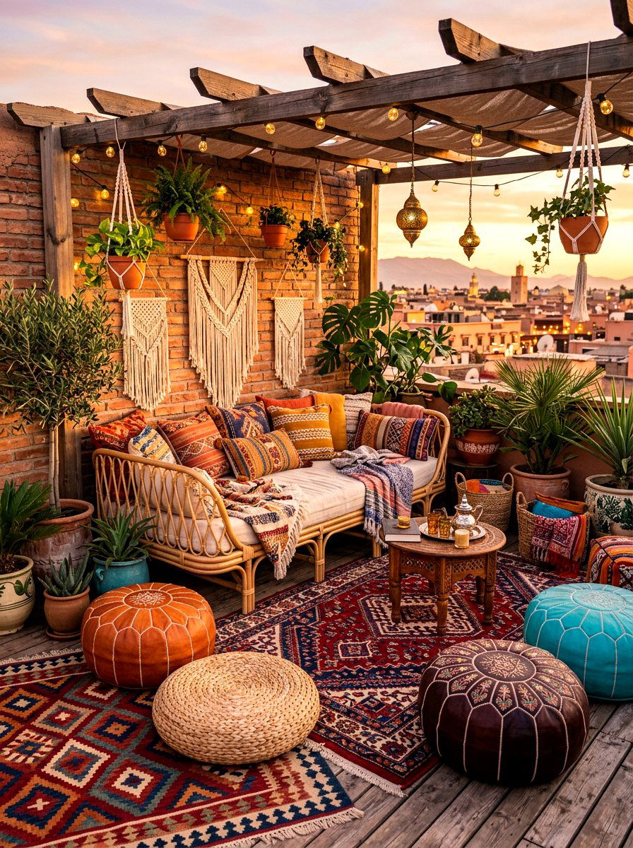 Bohemian rooftop seating - 30 rooftop deck lounge ideas