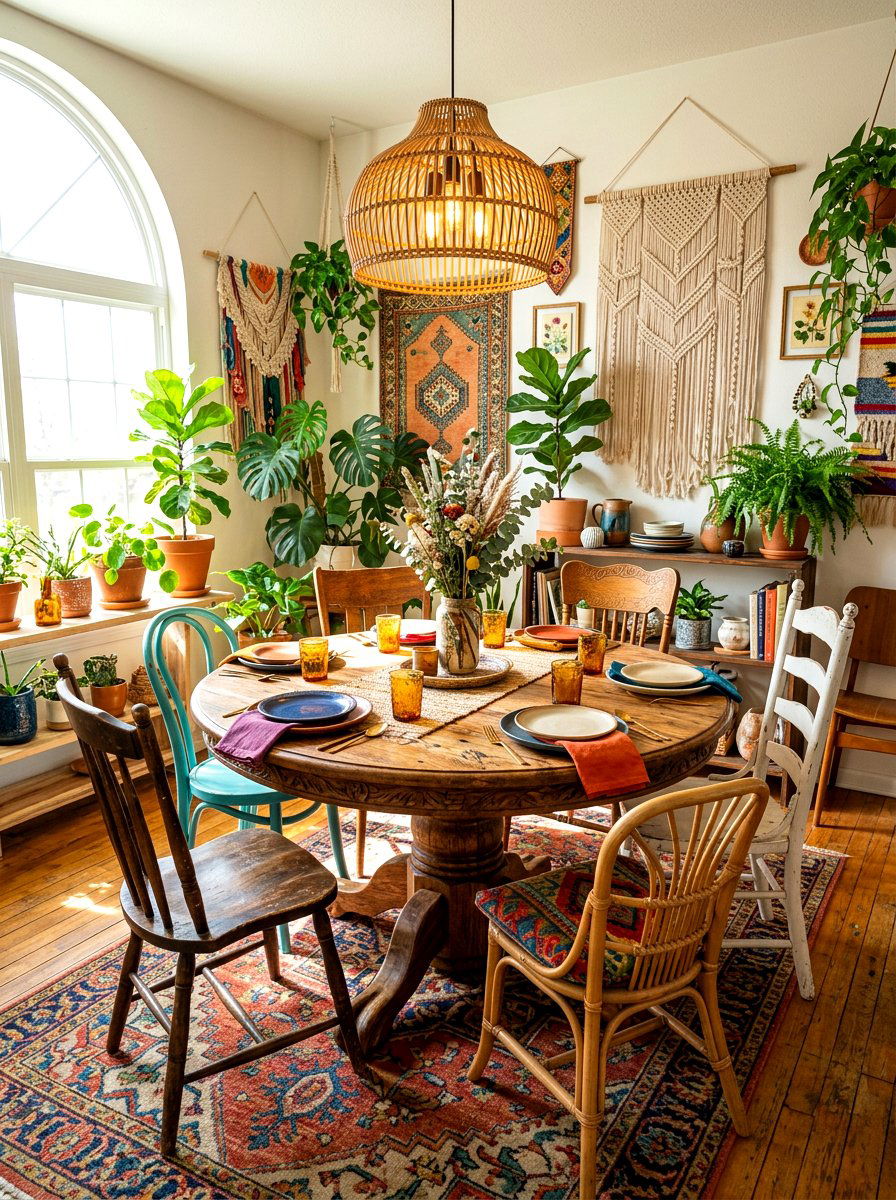 Bohemian round wood table - 30 round dining table ideas