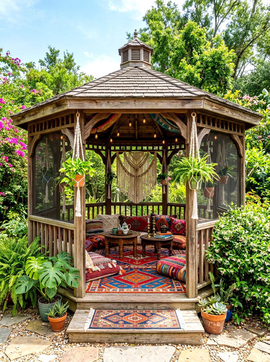 Bohemian screened gazebo - 30 screened gazebo dining ideas