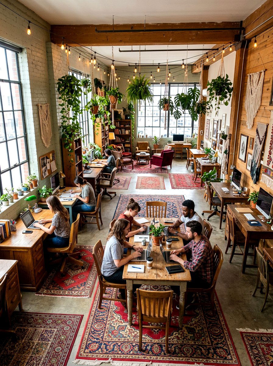 Bohemian shared creative workspace - 30 double desk office ideas