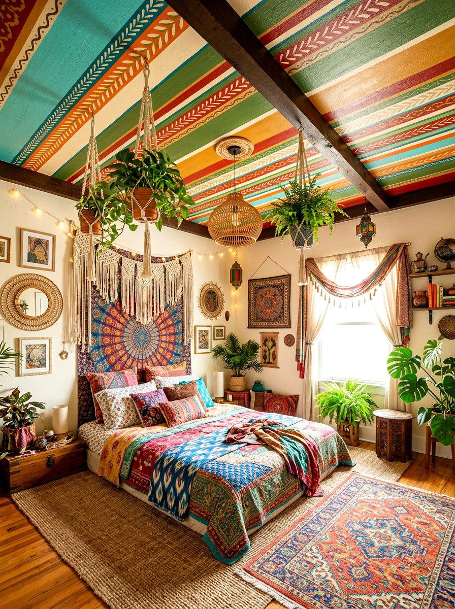 Bohemian striped ceiling - 30 striped ceiling ideas