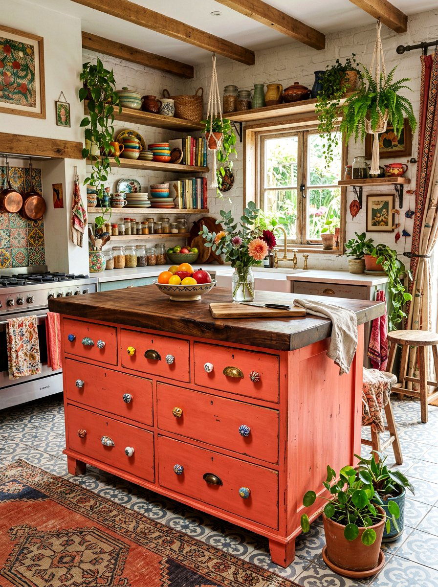Bohemian style colorful dresser kitchen island - 30 dresser as kitchen island ideas