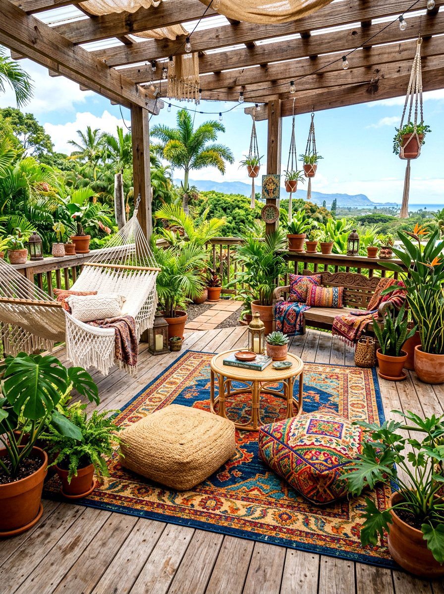 Bohemian style deck - 30 cozy deck ideas