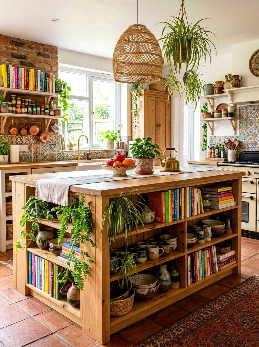 Bohemian style island with plants and books - 30 island bookshelf ideas