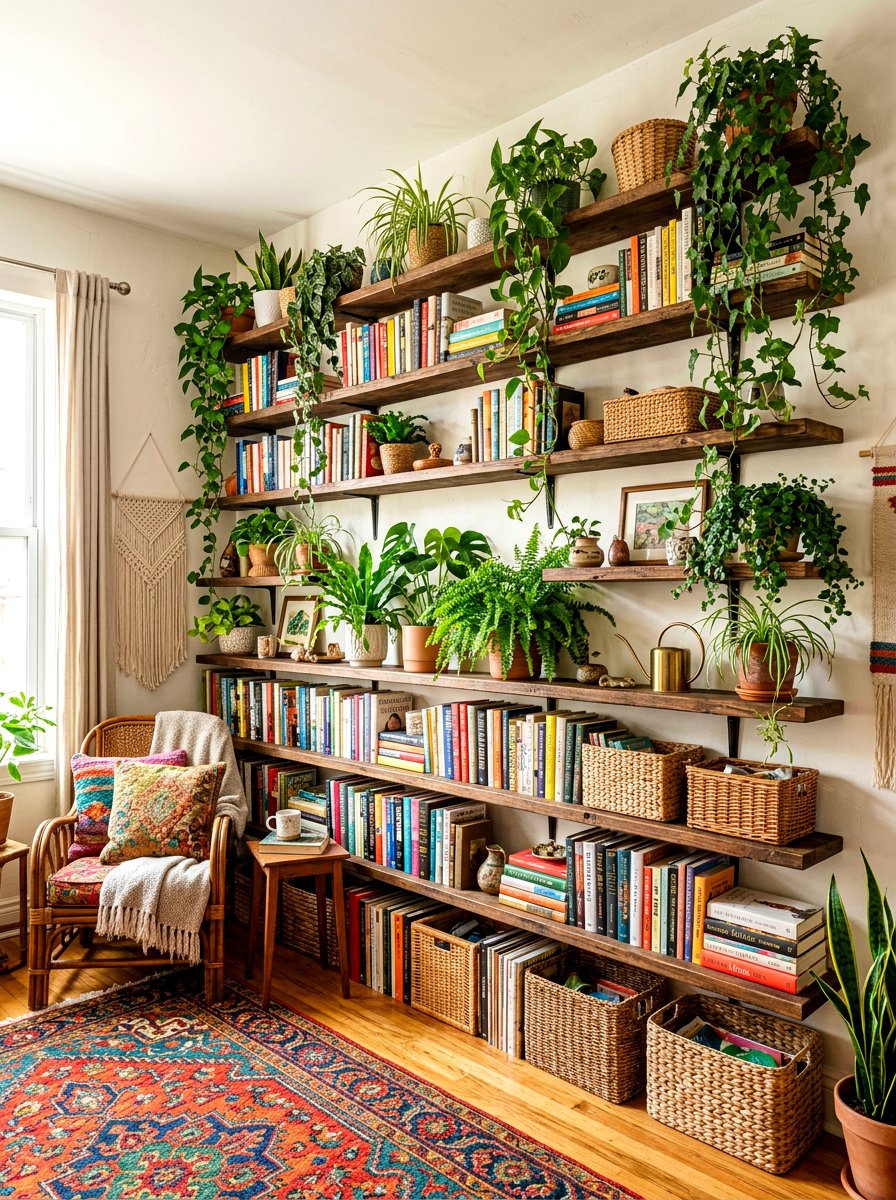 Bohemian style plant and book wall - 30 library wall ideas