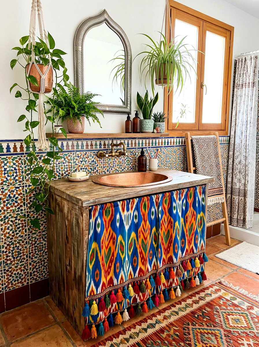Bohemian style sink skirt - 30 skirted sink ideas