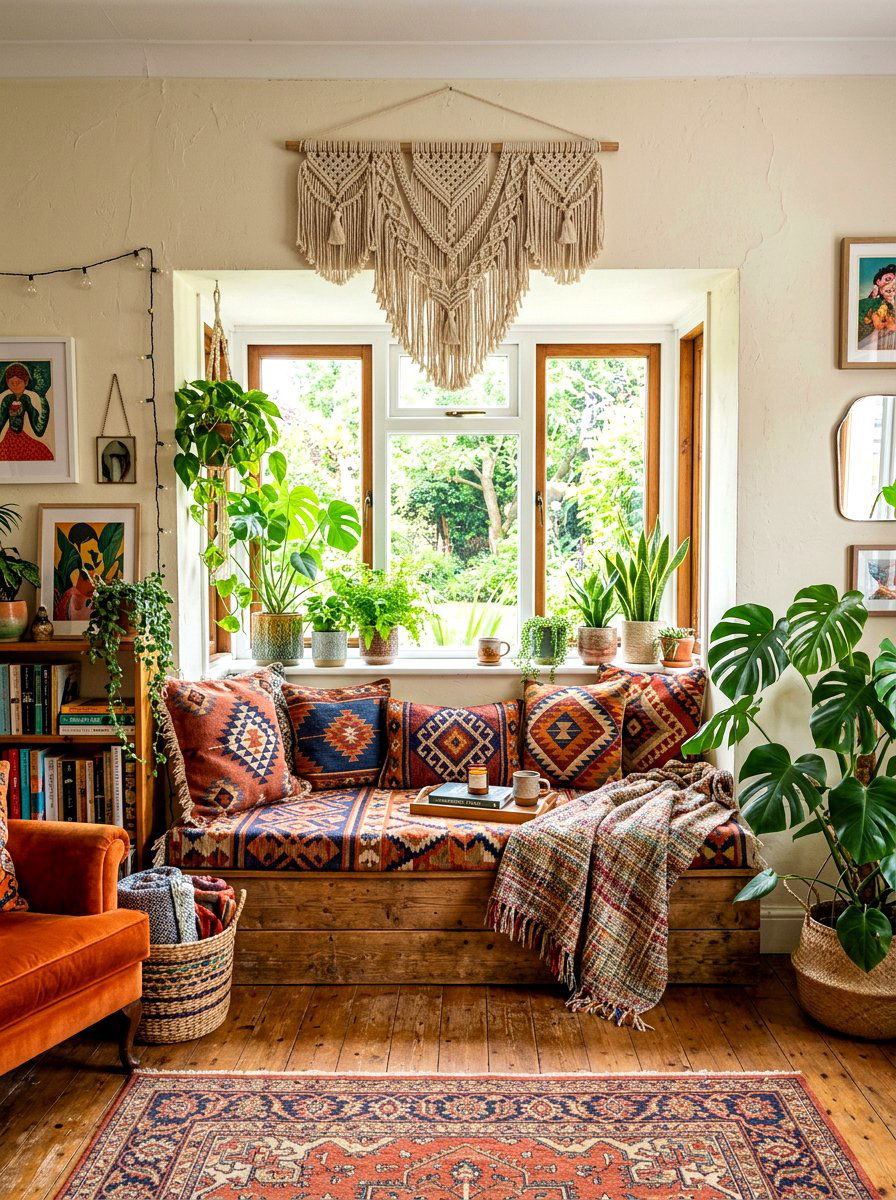Bohemian style window nook - 30 bay window seating living room ideas