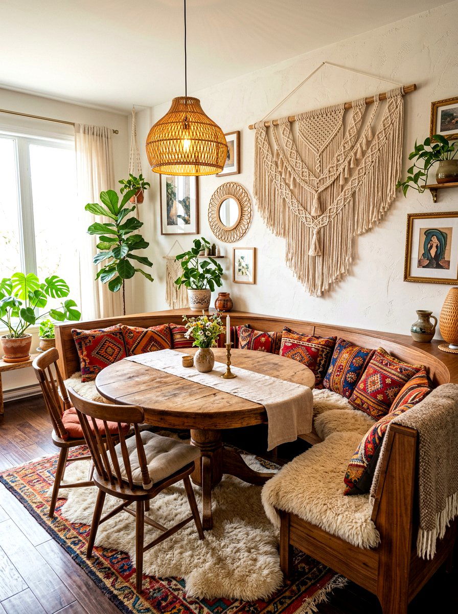 Bohemian textured dining corner - 30 curved banquette dining ideas