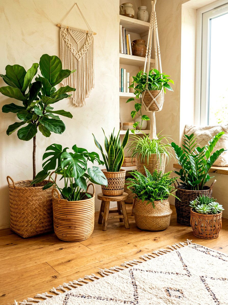 Bohemian wicker plant baskets - 30 office plant corner ideas