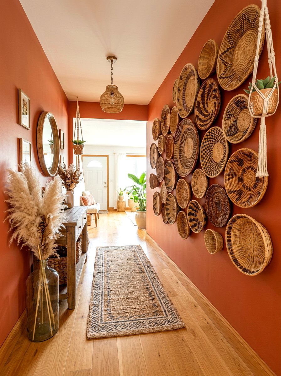 Bohemian woven basket wall - 30 hallway gallery wall ideas