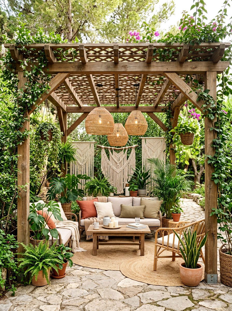 Bohemian woven pendants - 30 pergola lighting ideas