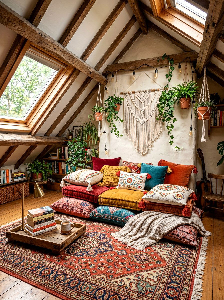 Boho Attic Reading Corner Floor Pillows - 30 attic reading corner ideas