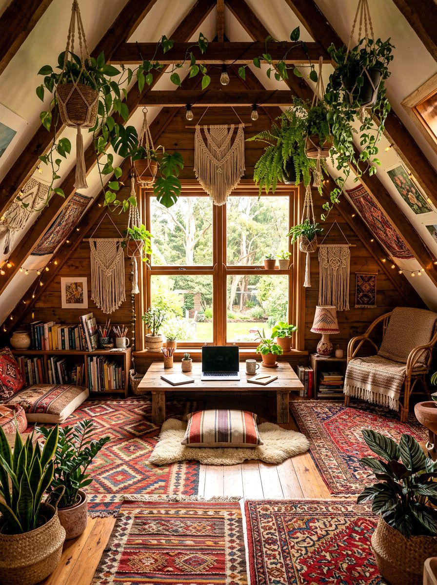 Boho Attic Workspace - 30 sloped ceiling office ideas