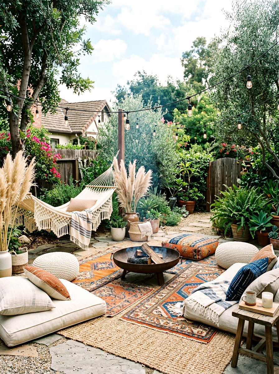 Boho Backyard Fire Lounge - 30 fire lounge backyard ideas